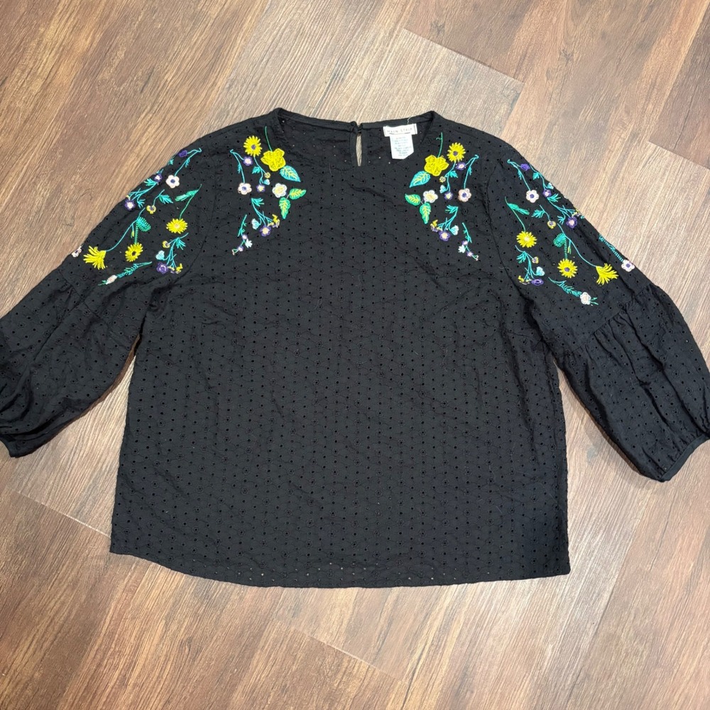 Cottagecore Boho Embroidered Eyelet Puff Sleeve Blouse Black S Peasant Top